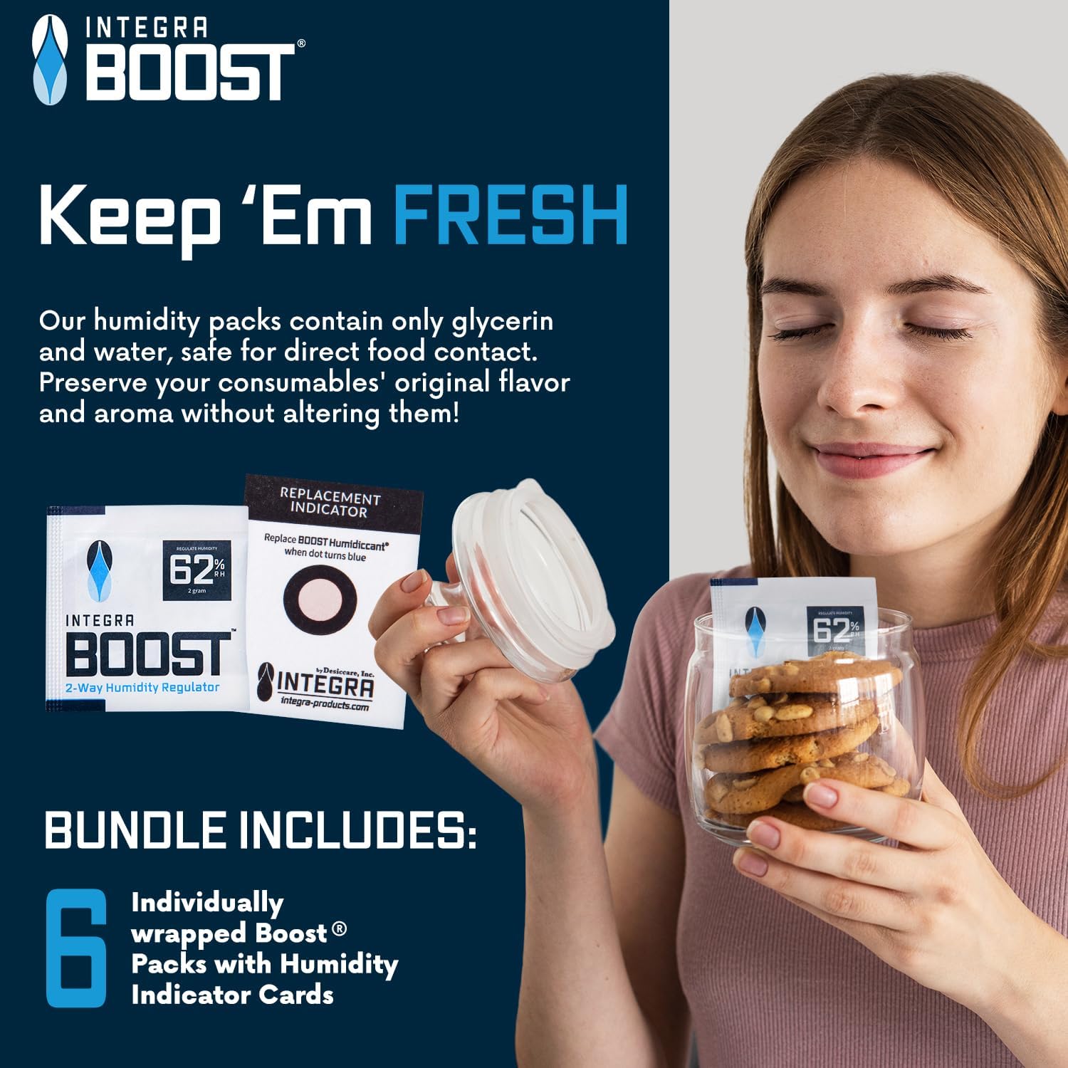 Integra Boost 62% RH 2-Way Humidity Control Pack, 2g, Pack of 6 | Two way Moisture Absorber for Herbs, Spices & Food Storage, Preserves Flavor, Includes Humidity Indicator Cards