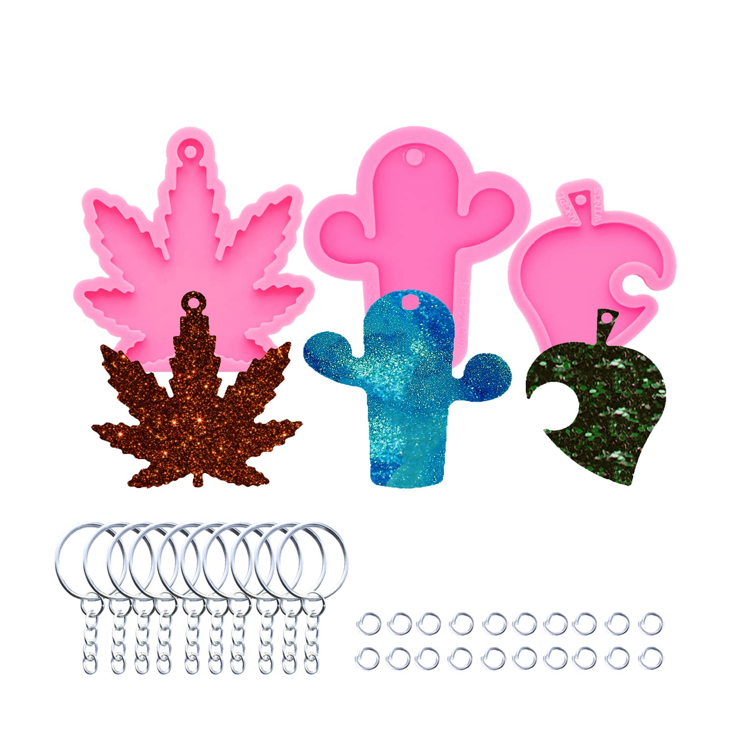 3pc Marijuana Silicone Keychain Mold, Pot Leaf Hemp Resin Epoxy Molds with 10Pc Key Ring (DY0156+DY0156+DY0156+PJ)