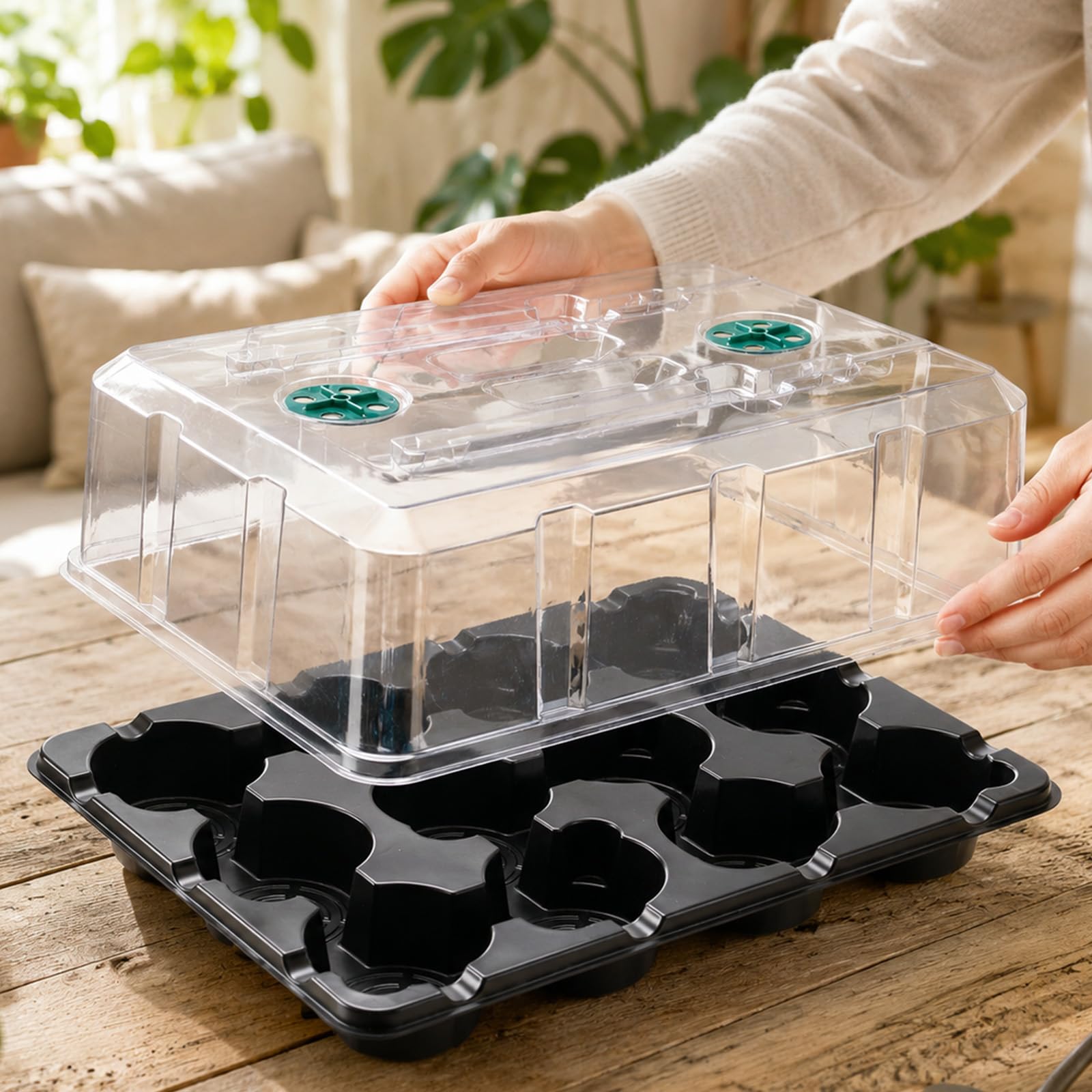4 Pack 20 Cell Seed Starting Trays with 4 Vented Humidity Domes | Compatible with standard 3 inch nursery pots. Thick reusable trays have deep cells, raised bases and adjustable dome vents.