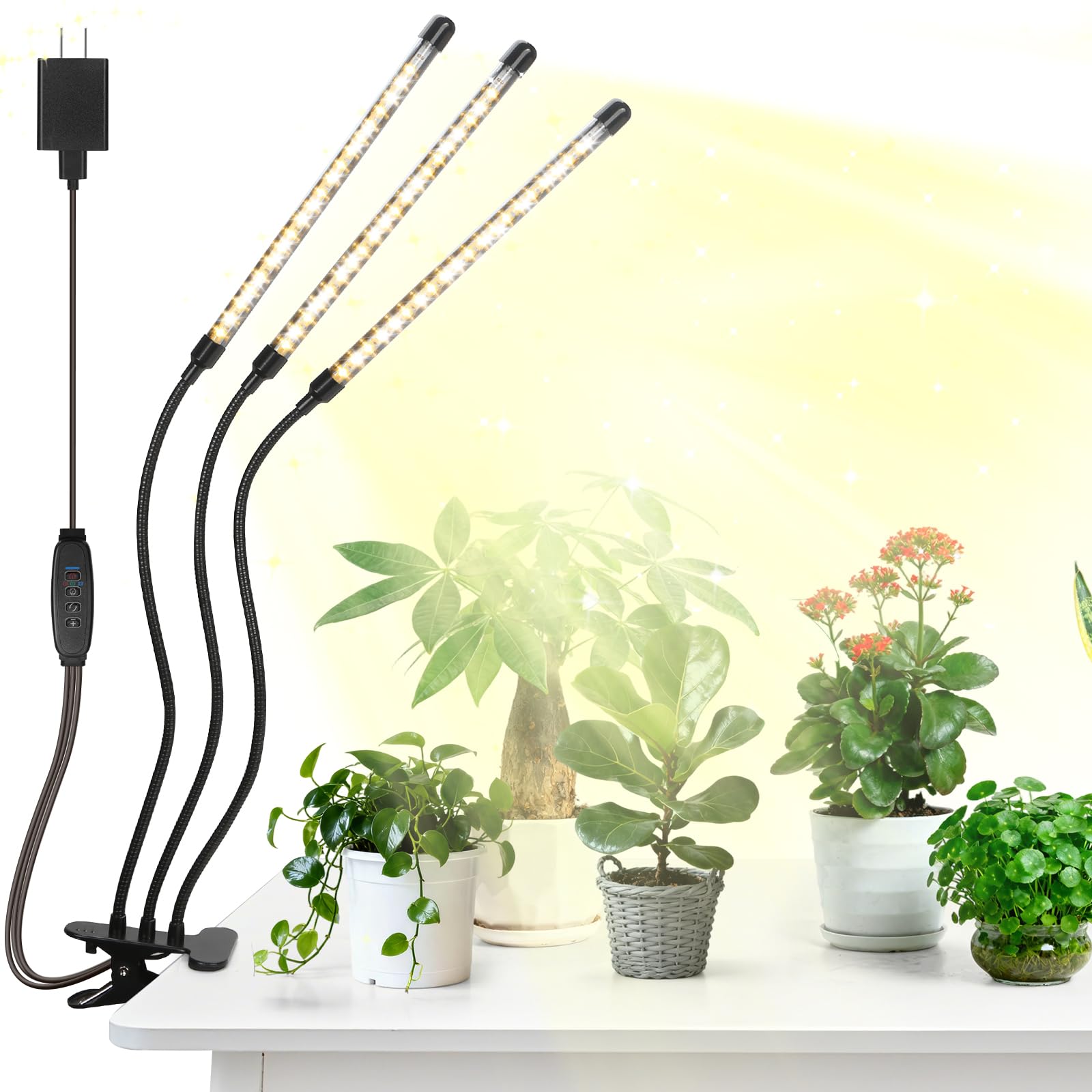 Led Grow Lights, 4 Heads Red Blue Plant Light with Clamp for Indoor Plants & Seed Starting, 10-Level Dimmable, Auto On Off, Timing 3 9 12Hrs