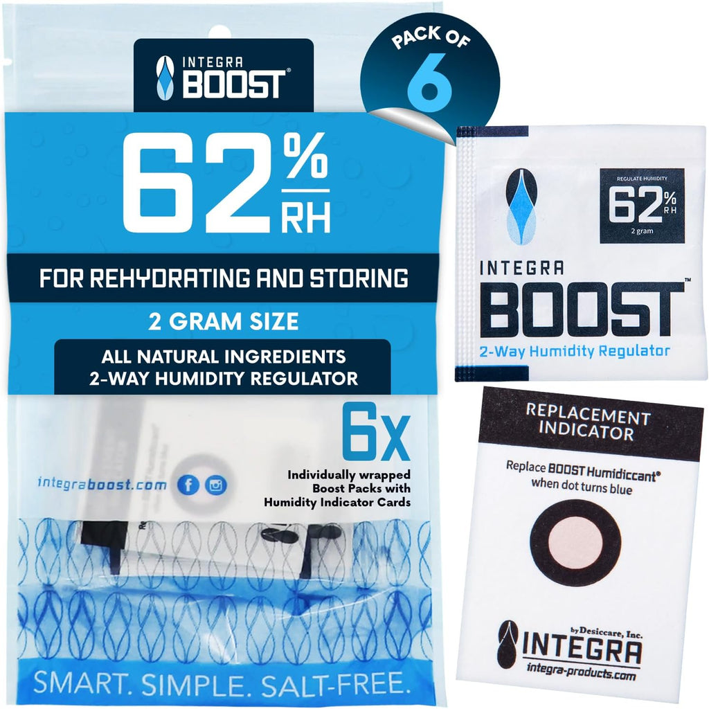 Integra Boost 62% RH 2-Way Humidity Control Pack, 2g, Pack of 6 | Two way Moisture Absorber for Herbs, Spices & Food Storage, Preserves Flavor, Includes Humidity Indicator Cards