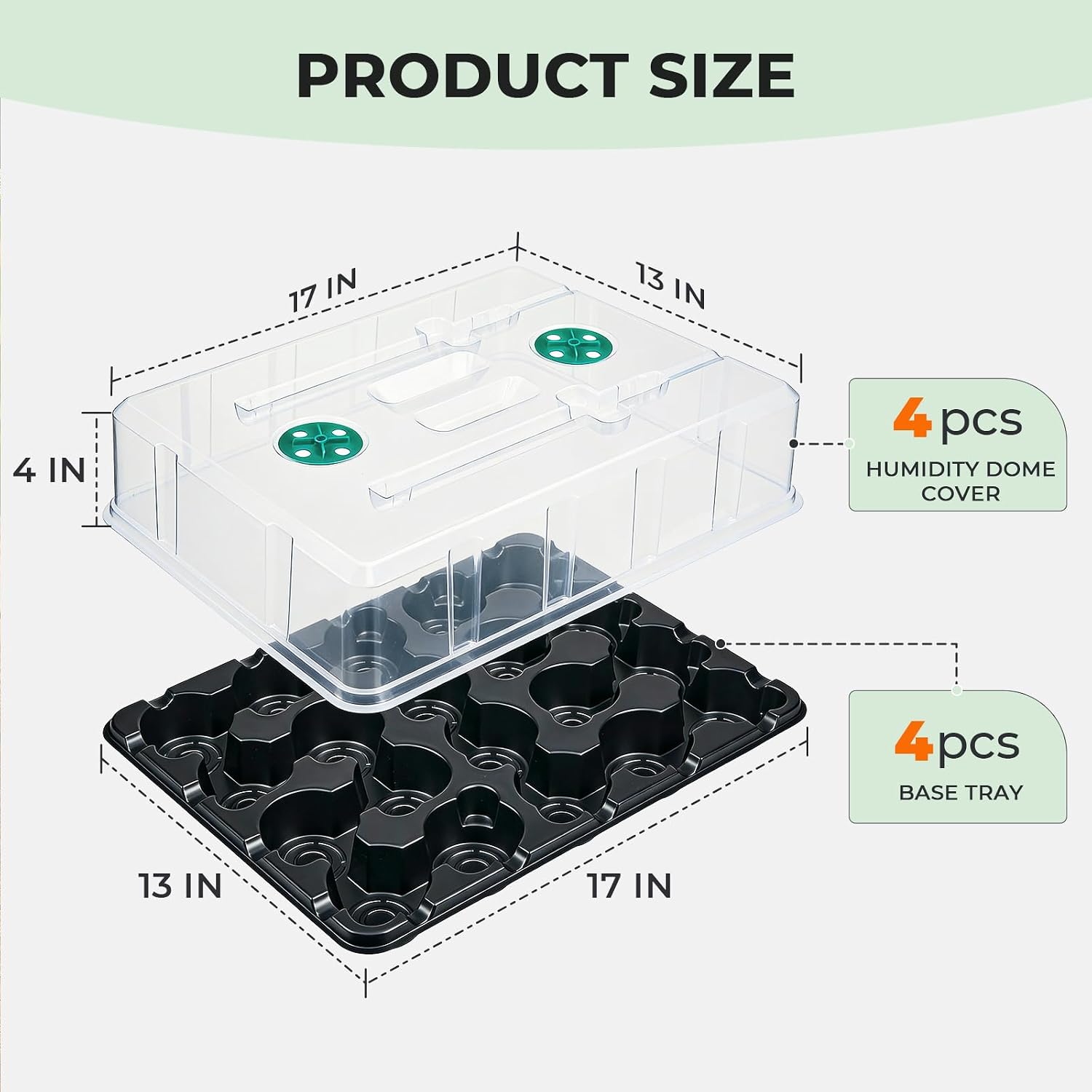 4 Pack 20 Cell Seed Starting Trays with 4 Vented Humidity Domes | Compatible with standard 3 inch nursery pots. Thick reusable trays have deep cells, raised bases and adjustable dome vents.