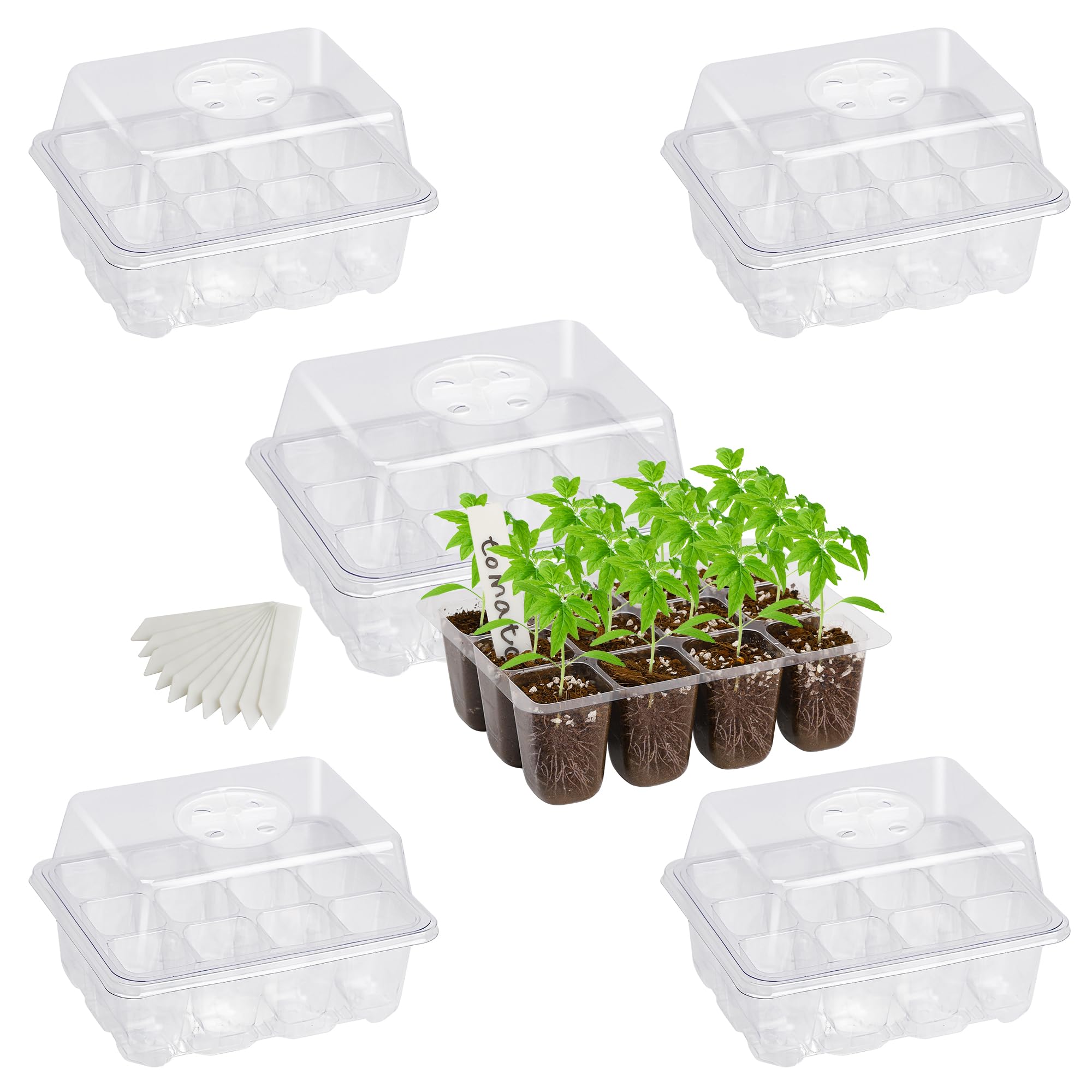 10-Pack Seed Starter Trays, Tall Dome, Base, 12-Cell Tray, Clear | 10 Seedling Kits with Tall Domes for Large Seed Starting. Adjustable Vents, Clear Trays & Heat Mat Compatibility, Indoor Use