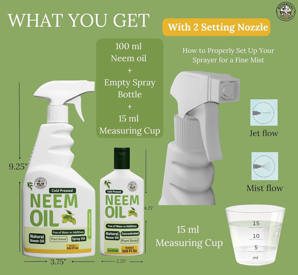 Neem Oil Spray for Plants (Makes 320 Fl Oz)- Pure Cold Pressed Neem Oil | Indoor & Outdoor