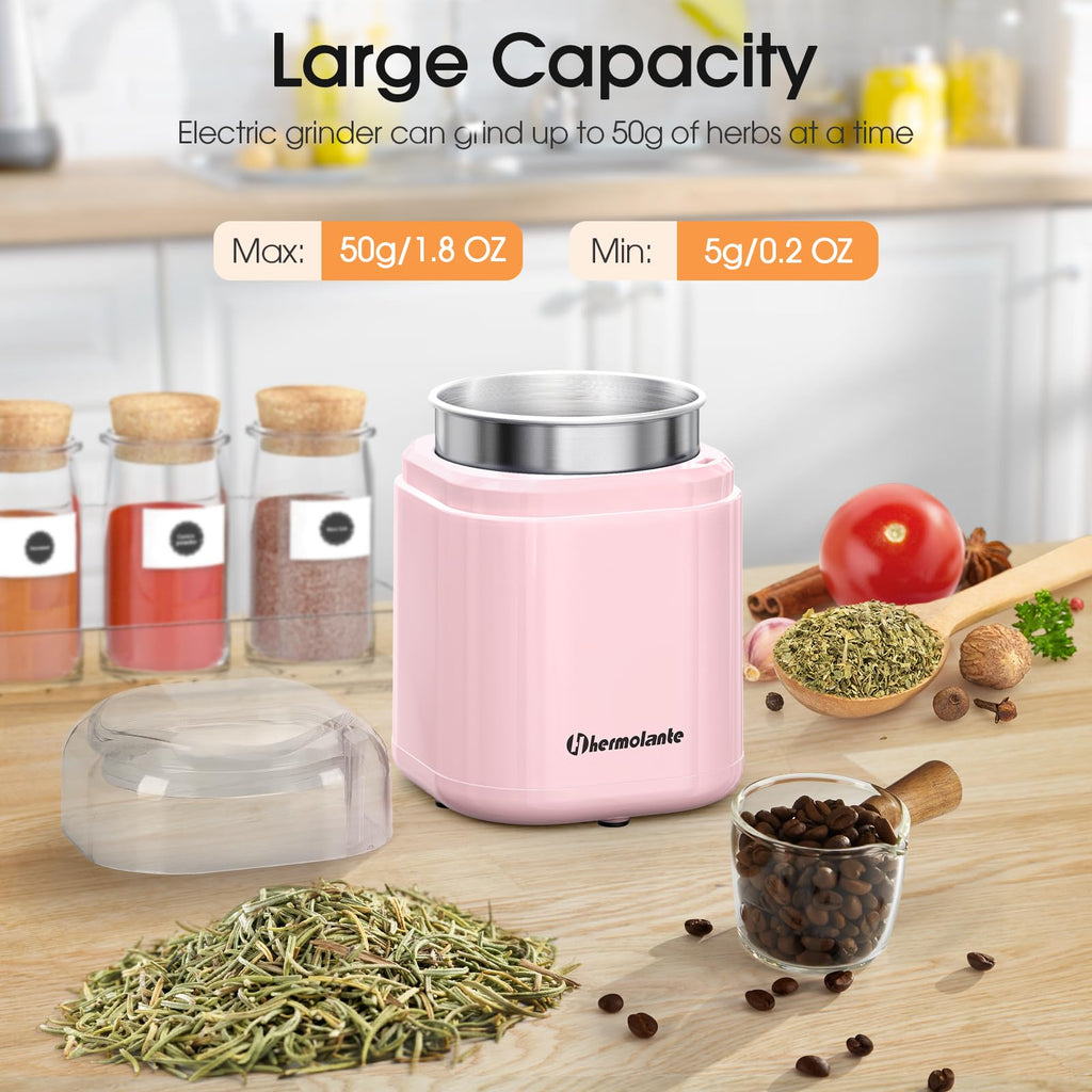 Hermolante Herb Grinder Spice Grinder, 200 w Herb Grinder with Stainless Steel Blade and Cleaning Brush, Compact Size Electric Grinder for Herbs and Spices -5.11in (Black)