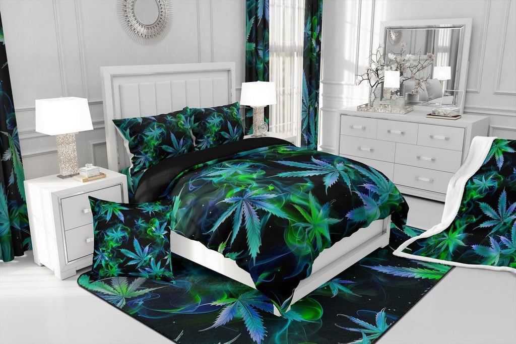 Cannabis Leaf Comforter Set Queen Size 3 Pcs,Marijuana Leaf Weed Psychedelic Bedding Set,Neon Green Leaves Botanical Trippy Quilt Set for Young Adults,2 Pillowcases
