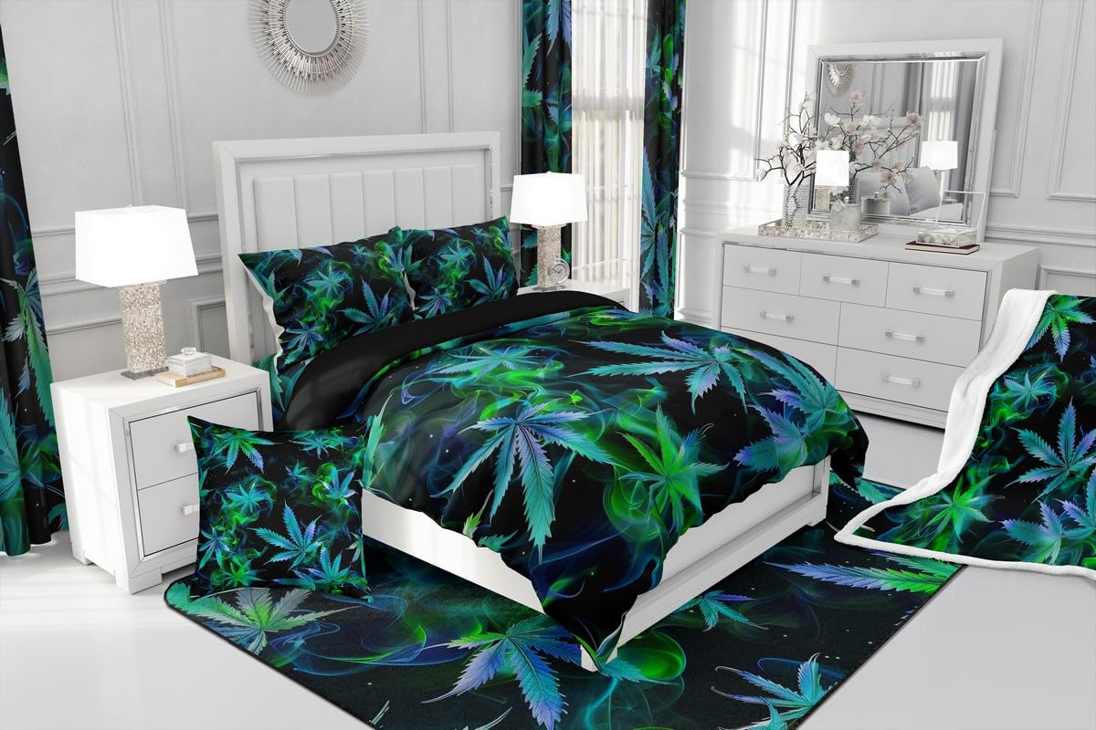 Cannabis Leaf Comforter Set Queen Size 3 Pcs,Marijuana Leaf Weed Psychedelic Bedding Set,Neon Green Leaves Botanical Trippy Quilt Set for Young Adults,2 Pillowcases