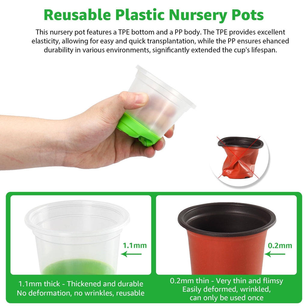 MIXC Clear Nursery Pots with Silicone Base, 4-Inch, 30-Pack | Sturdy Construction, Flexible Base, Drainage Holes, Root and Soil Visibility, Reusable, Seed Starting, Propagation, Green