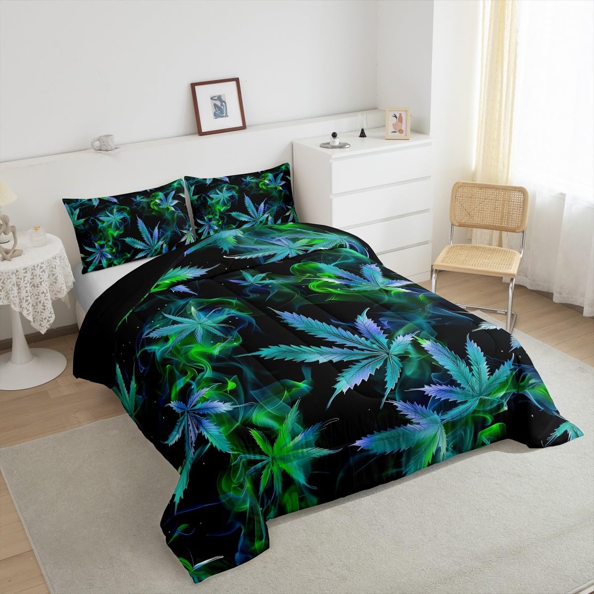 Cannabis Leaf Comforter Set Queen Size 3 Pcs,Marijuana Leaf Weed Psychedelic Bedding Set,Neon Green Leaves Botanical Trippy Quilt Set for Young Adults,2 Pillowcases