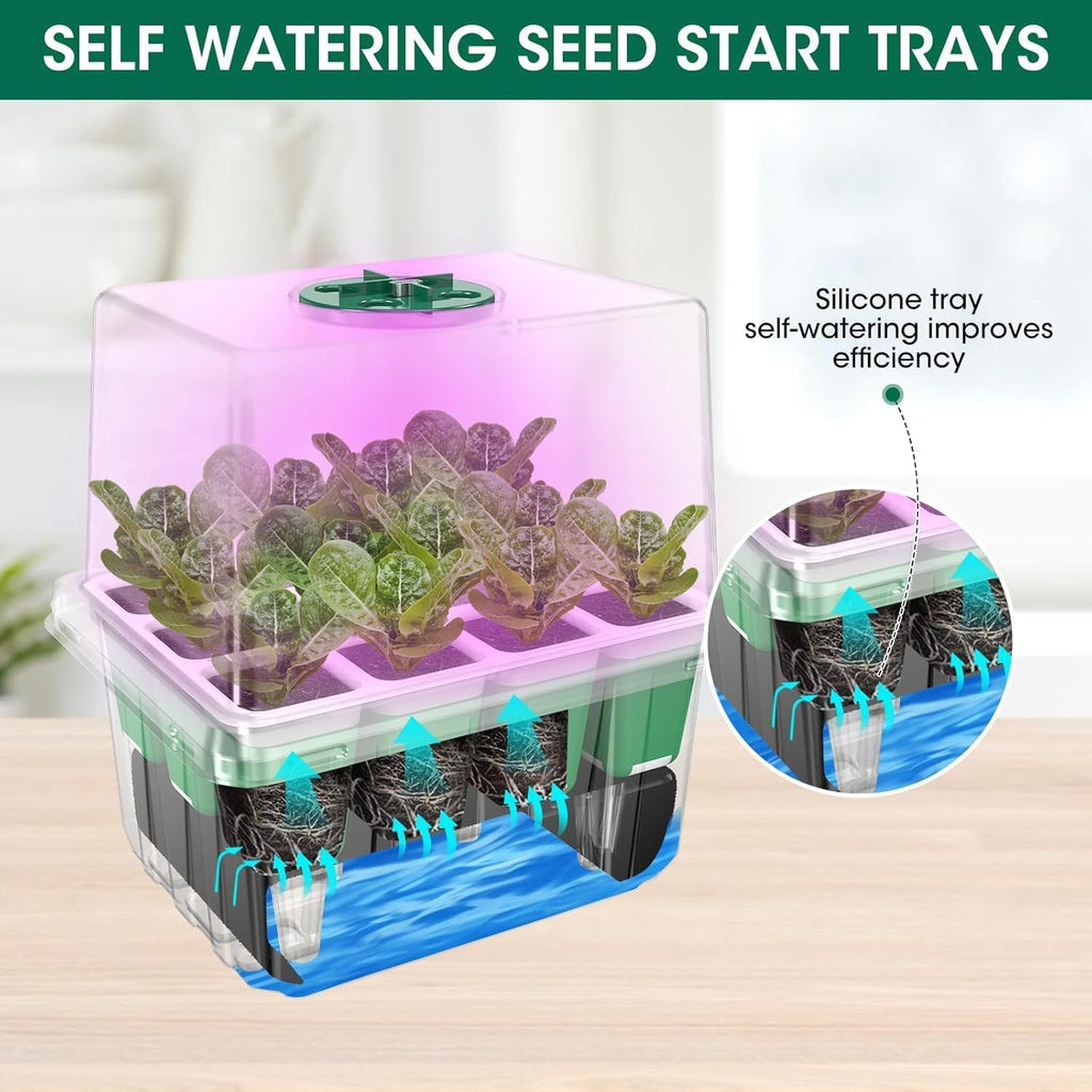 10-Pack Self Watering Seed Starter Tray with Grow Light 120Cell | Smart Timer, Humidity Dome, Ideal For Indoor Plant Germination, Seedling Growing, and Seed Starting Kit
