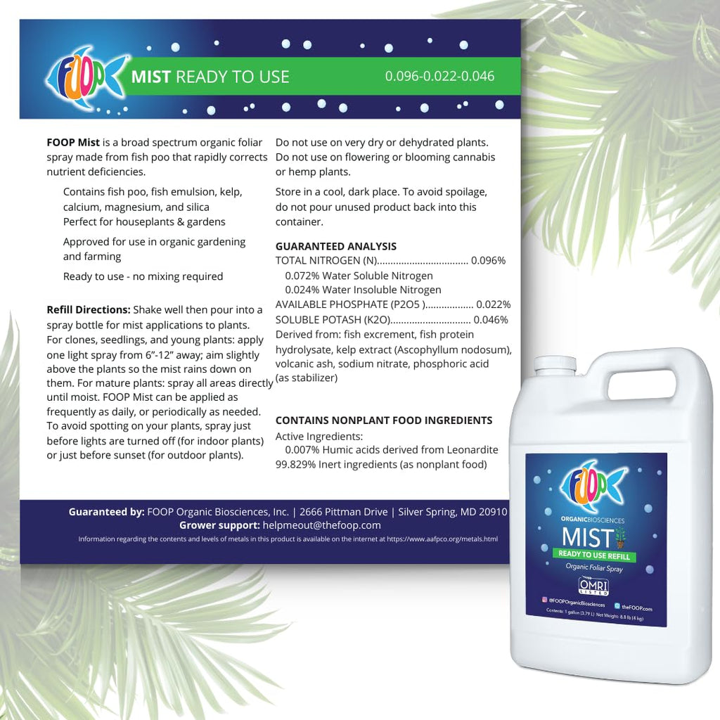FOOP Mist Foliar Spray - Organic Plant Food in a Spray Bottle (with a Fresh Minty Scent) | Spray on Plants to Correct & Prevent Nutrient Deficiencies | Ready to Use, No Mixing (32oz)