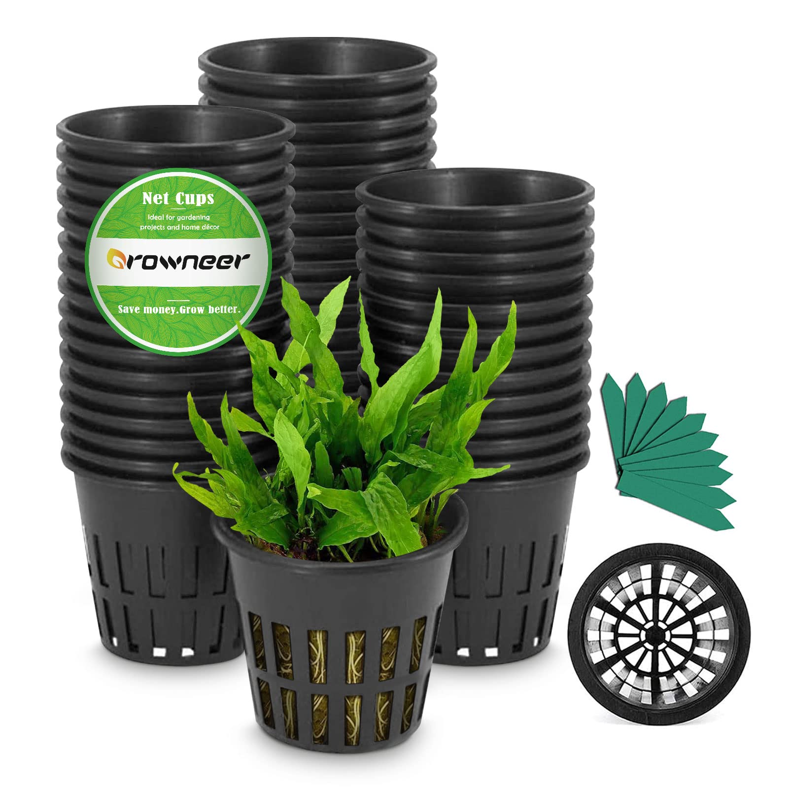 GROWNEER Net Pots 50 Pcs 2 Inch Garden Slotted Mesh Net Cups with 50Pcs Plant Labels, Heavy Duty Hydroponic Pot Supplies Planting Grow Basket for Indoor Outdoor