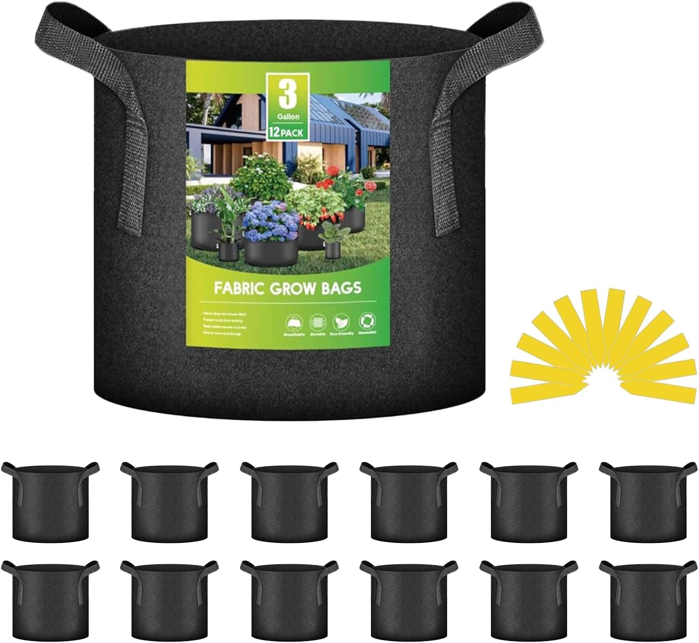 iPower 24-Pack 3 Gallon Grow Bags Heavy Duty Thickened Aeration Nonwoven Fabric Pots with Nylon Handles and 24 Labels for Planting Vegetables, Fruits, Flowers, Black