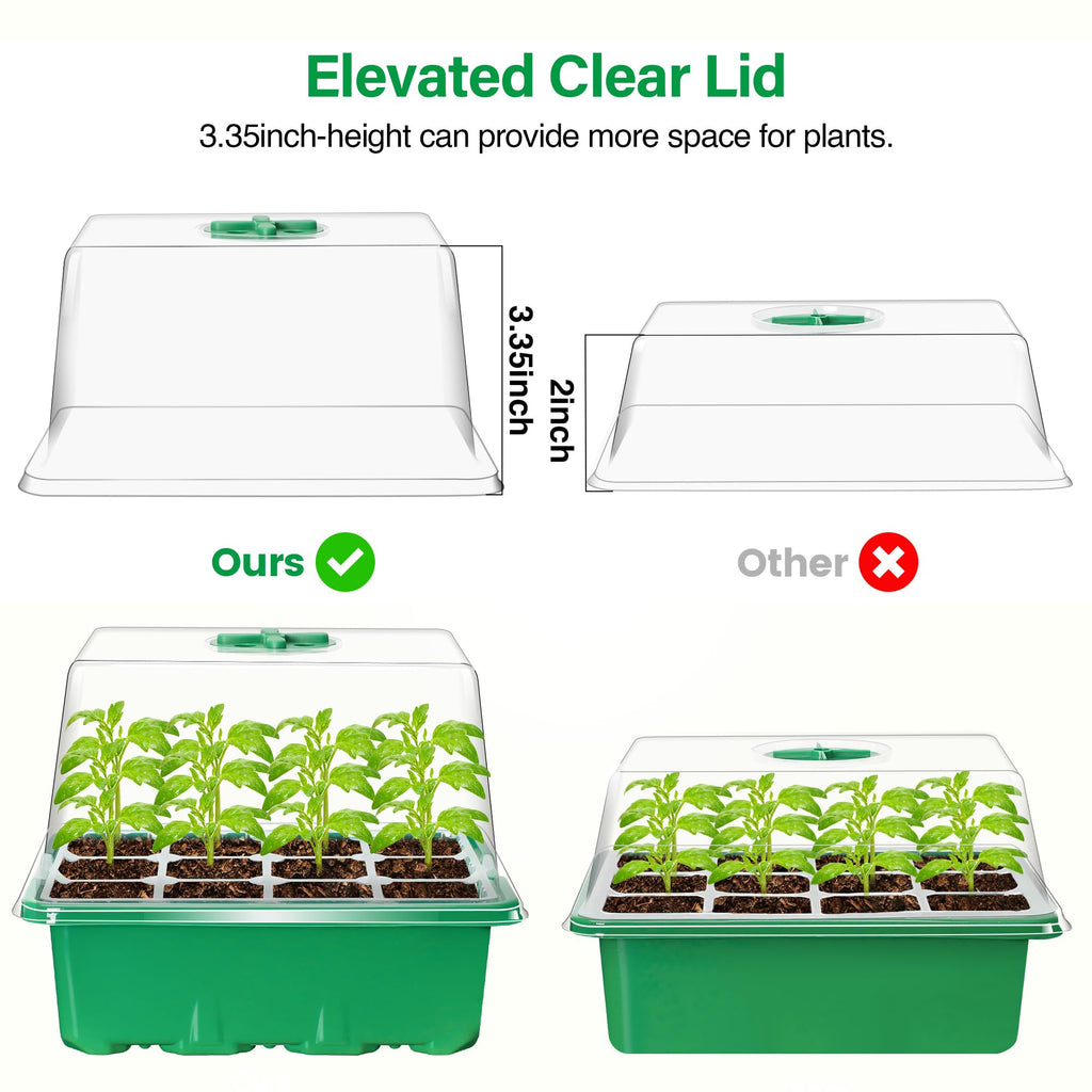 Seed Starter Trays with 12-LED Grow Lights, Clear, 5 Pack | 5 clear-base seedling kits, 60 cells, 12-LED grow light per tray, vented humidity domes, drainage holes, 1-to-5 USB cable