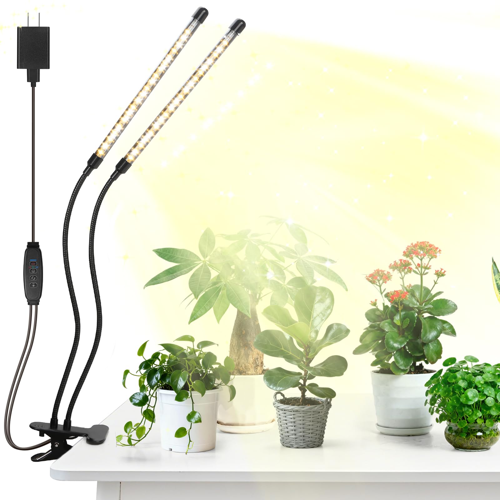 Led Grow Lights, 4 Heads Red Blue Plant Light with Clamp for Indoor Plants & Seed Starting, 10-Level Dimmable, Auto On Off, Timing 3 9 12Hrs