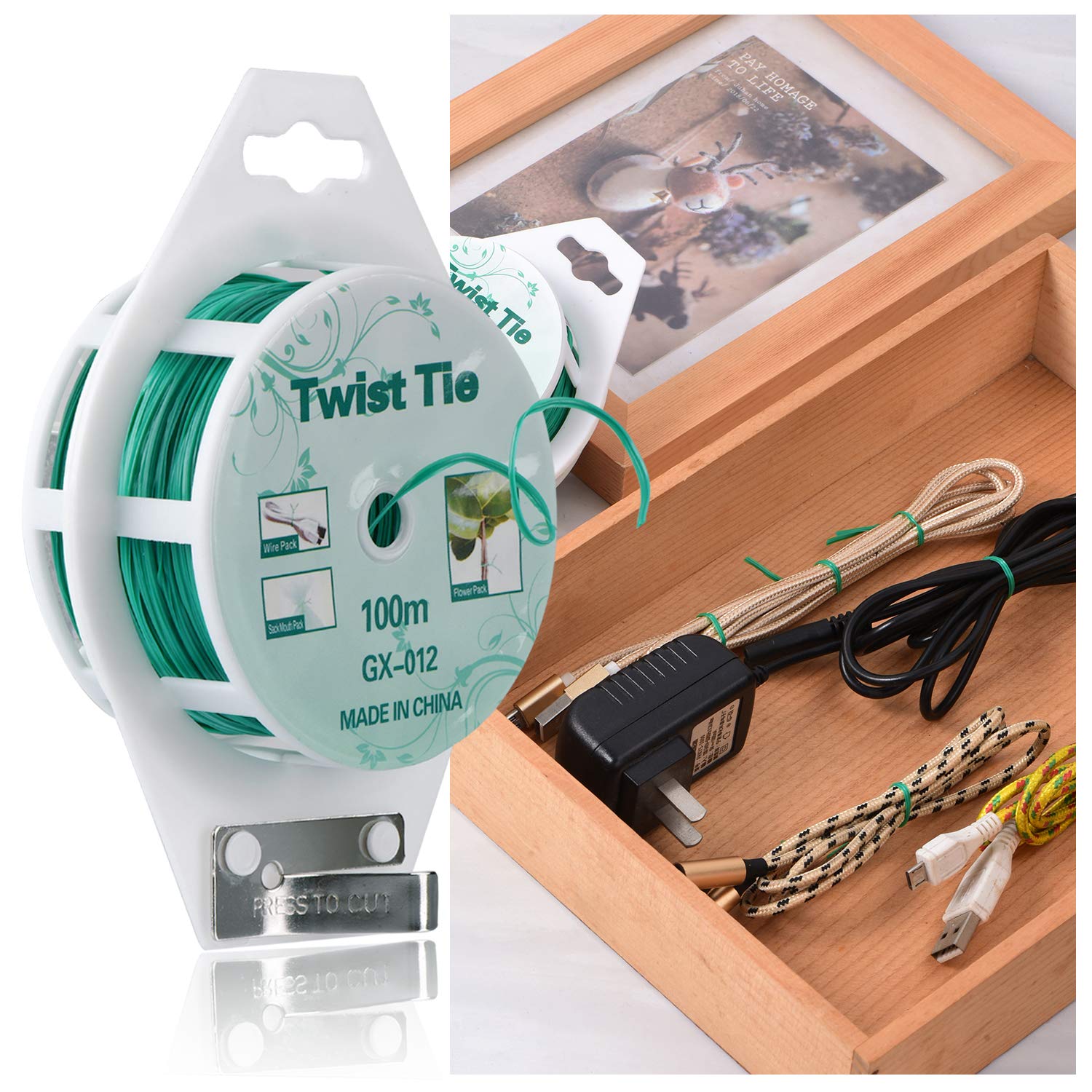 YDSL 328ft (100m) Twist Ties, Green Garden Plant Ties with Cutter for Gardening and Office Organization, Home