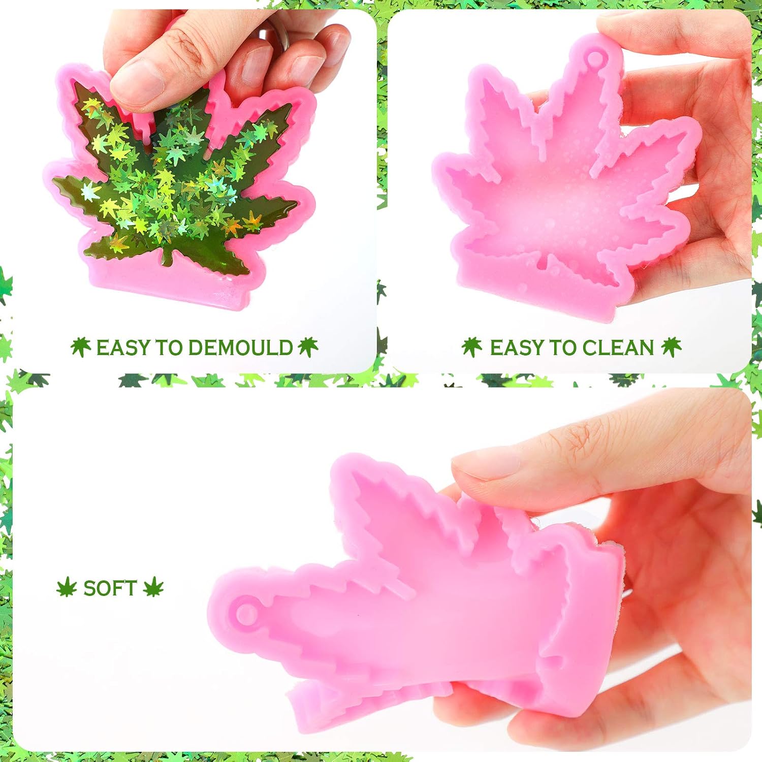 2 Pieces Silicone Maple Leaf Molds with 12 Pieces Keyring Chain with 20g Green Maple Leaf Glitter, Leaves Shaped Keychain Molds for DIY Decoration, Pink