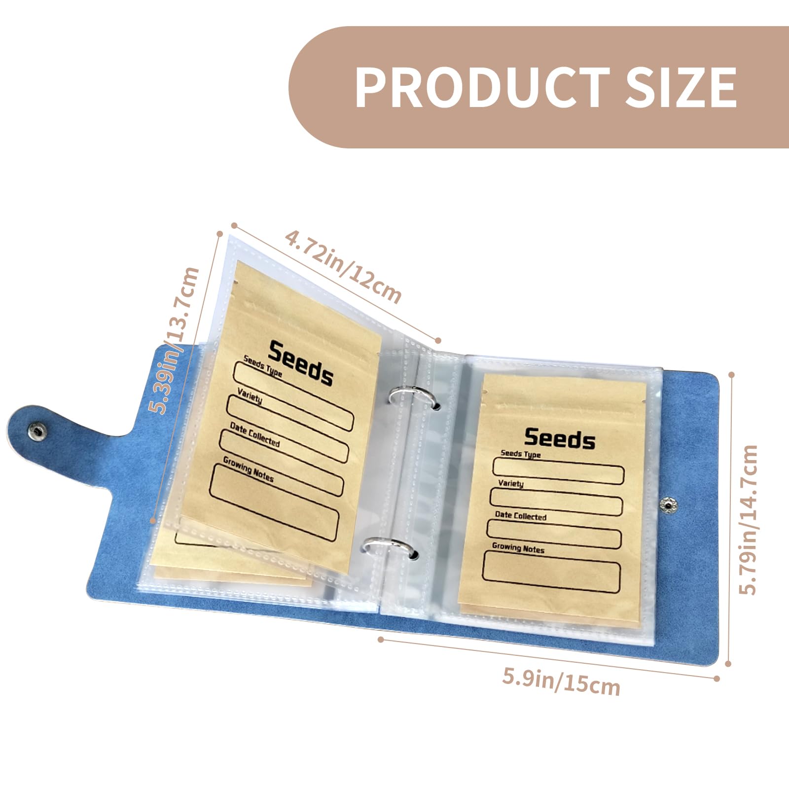Seed Organizer Storage Binder with 50 PCS Resealable Seed Envelopes, Cyan | 50 Pockets, 3.5x5 Inch Clear Sleeves, Seed Saver for Garden Lover