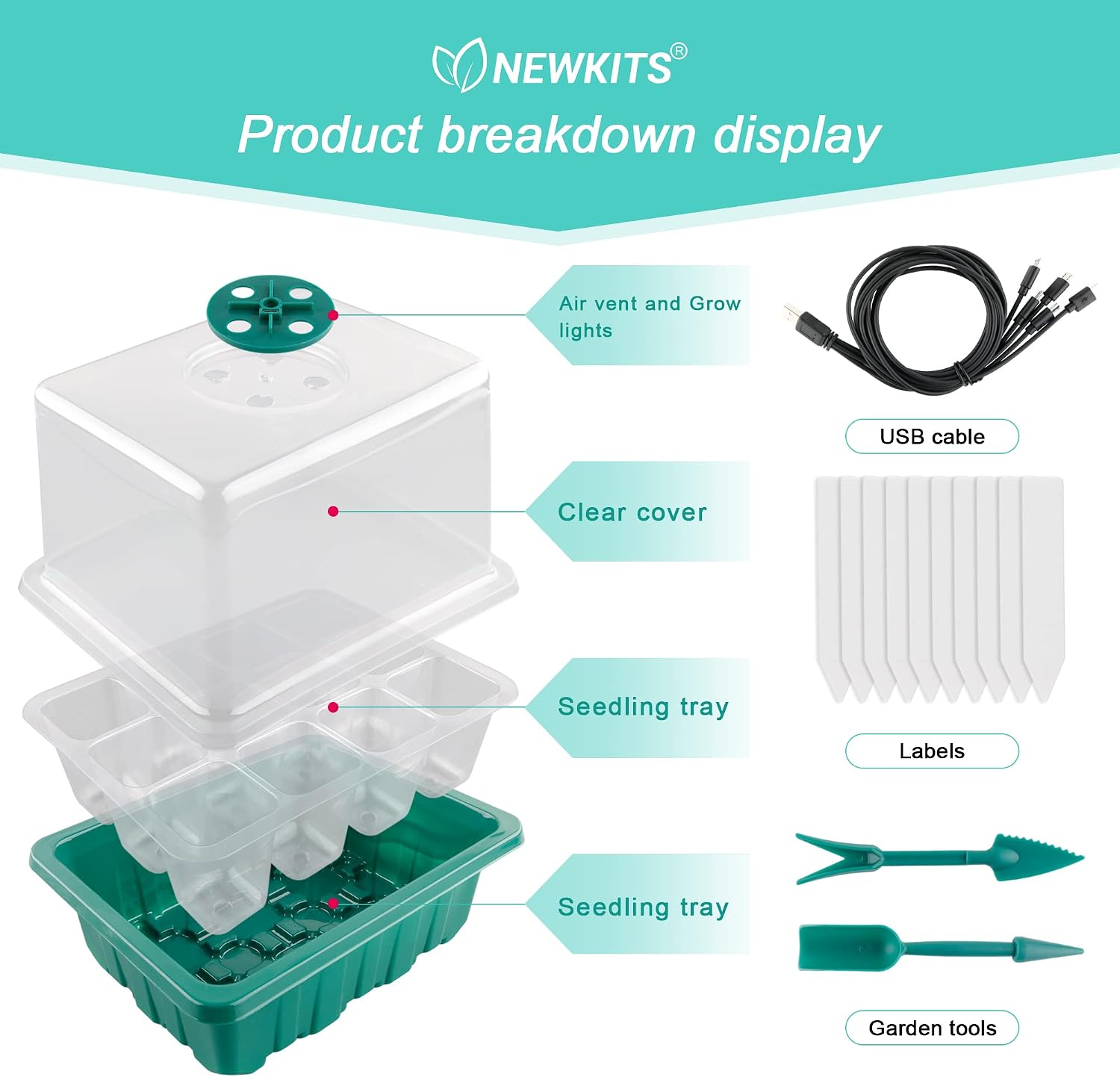 Seed Starter Tray with Grow Light, Seed Starter Kit, Plant Germination Starting Trays with Humidity Dome and Base for Greenhouse Grow Wheatgrass Hydroponic(12 Cells per Tray)