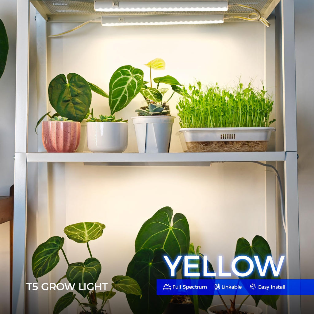 Barrina Grow Lights for Indoor Plant, T5 1FT Full Spectrum, Yellow, 4 Packs | Black Cover LED Grow Light Strips, Linkable, Plant Light for Indoor Plants Growing, 3 Mounting Modes, Separate On/Off