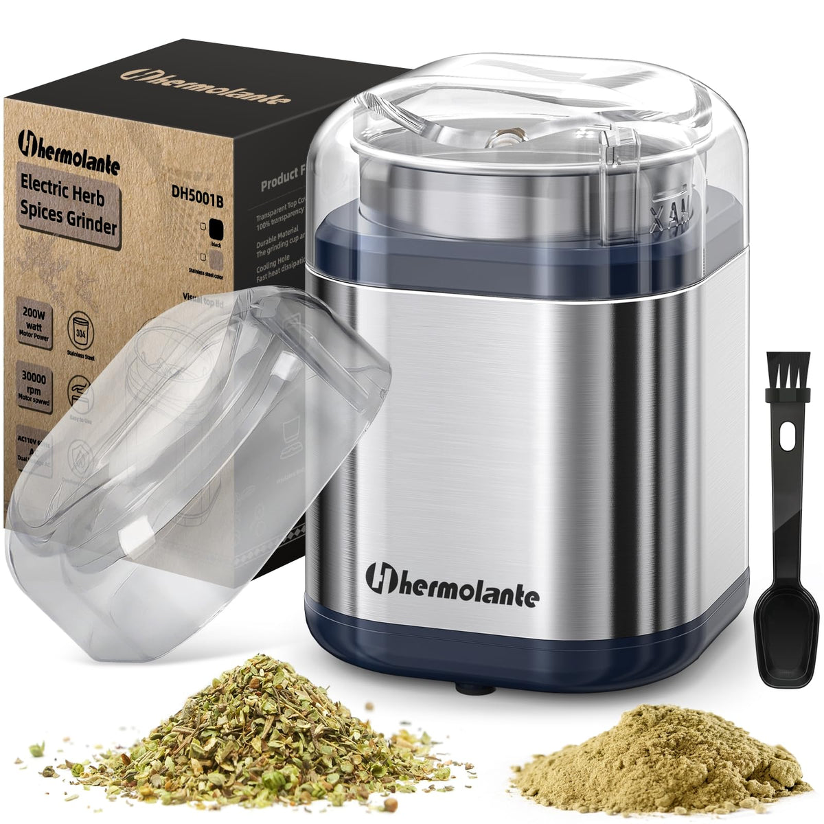 Hermolante Herb Grinder Spice Grinder, 200 w Herb Grinder with Stainless Steel Blade and Cleaning Brush, Compact Size Electric Grinder for Herbs and Spices -5.11in (Black)