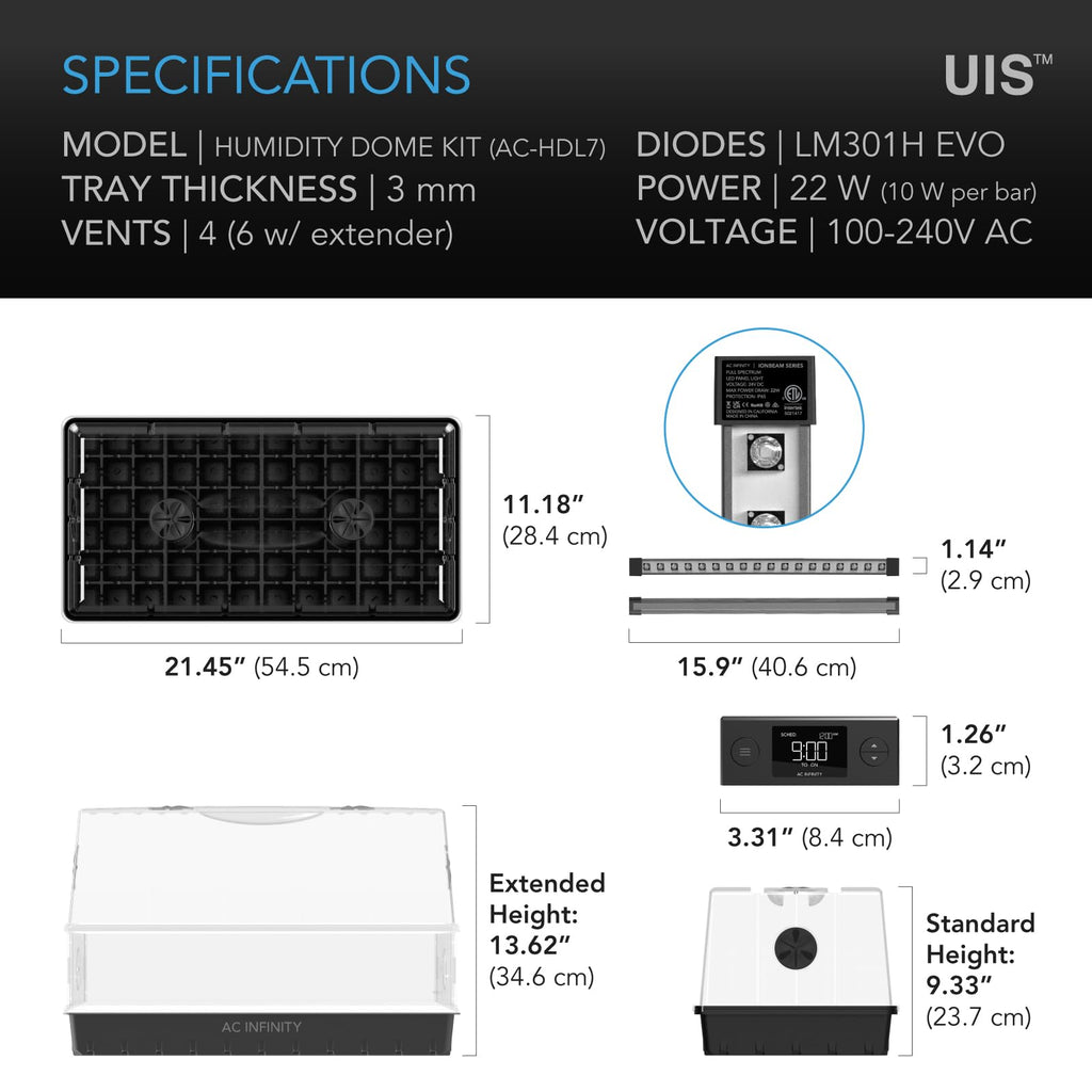 AC Infinity Heavy-Duty Humidity Dome 5x8 Germination Kit | Full Spectrum LED Grow Light Bars w/Samsung LM301H EVO LEDs, Heat Mat, 3mm Dome, Trays, Vented Panels, for Seed Starting