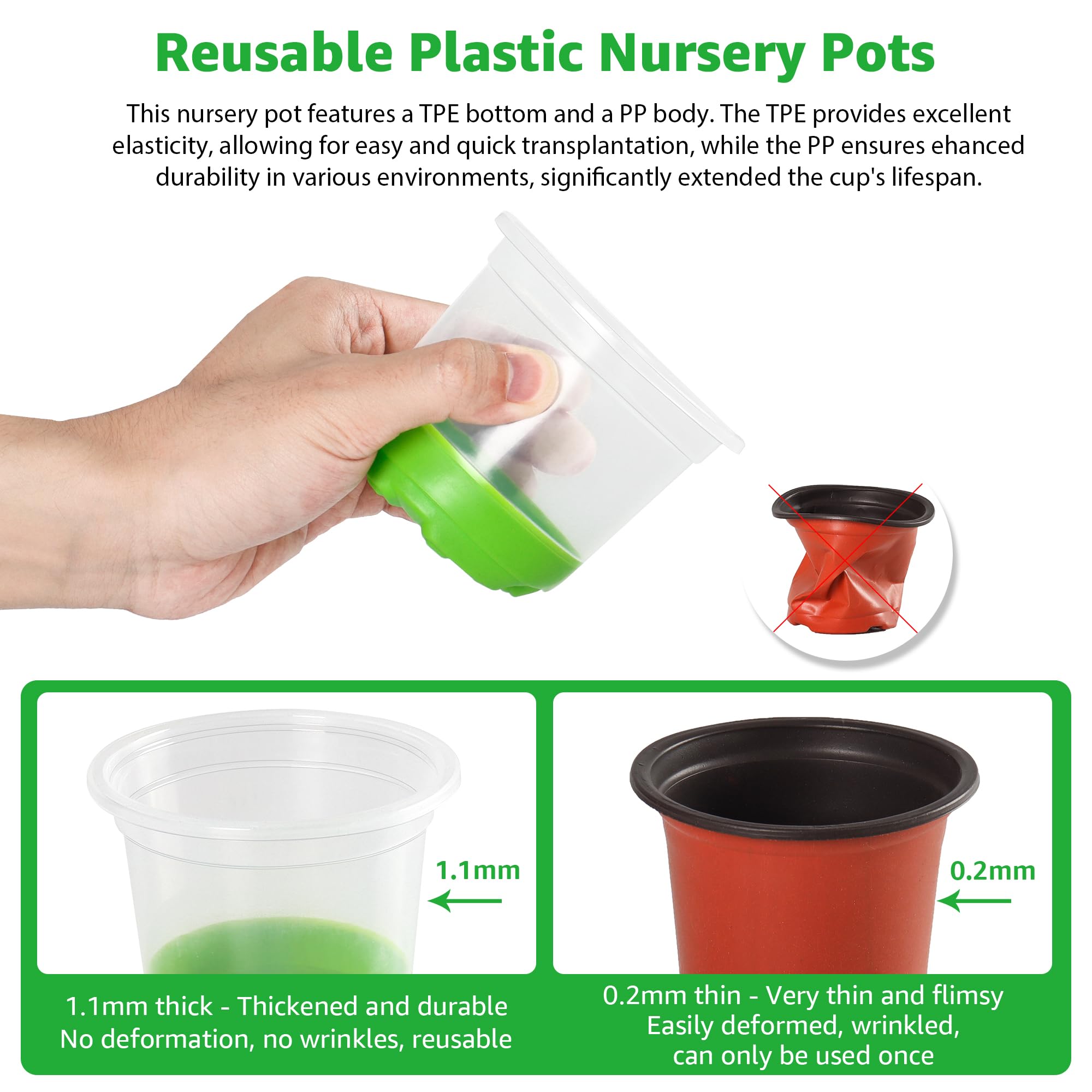 MIXC Clear Nursery Pots with Silicone Base, 4-Inch, 30-Pack | Sturdy Construction, Flexible Base, Drainage Holes, Root and Soil Visibility, Reusable, Seed Starting, Propagation, Green