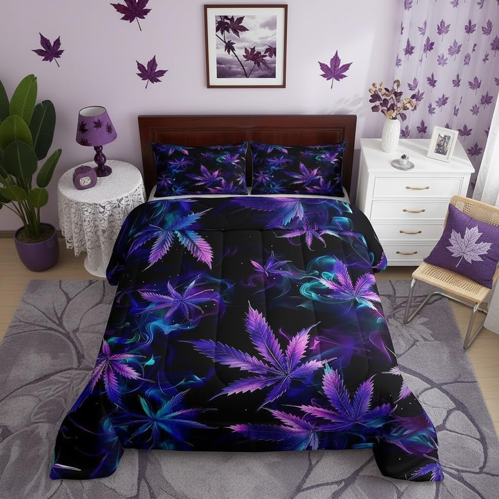 Cannabis Leaf Comforter Set Queen Size 3 Pcs,Marijuana Leaf Weed Psychedelic Bedding Set,Neon Green Leaves Botanical Trippy Quilt Set for Young Adults,2 Pillowcases