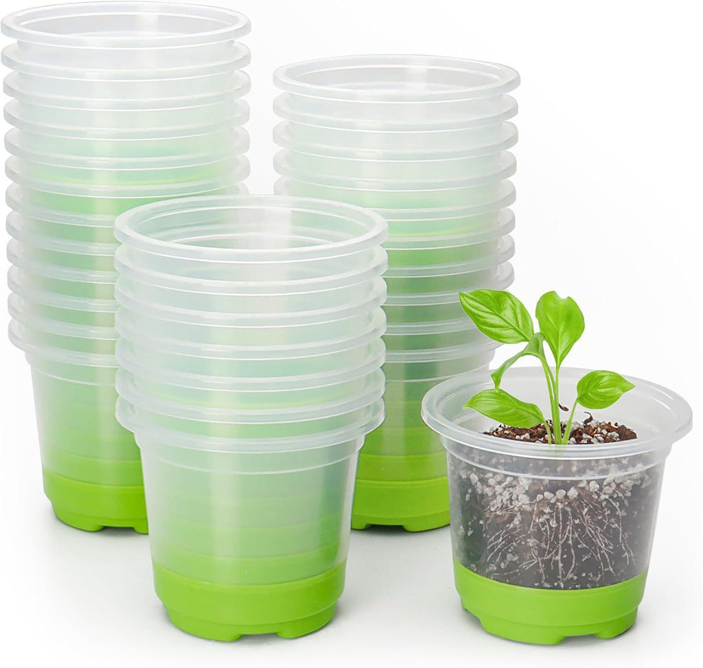 MIXC Clear Nursery Pots with Silicone Base, 4-Inch, 30-Pack | Sturdy Construction, Flexible Base, Drainage Holes, Root and Soil Visibility, Reusable, Seed Starting, Propagation, Green