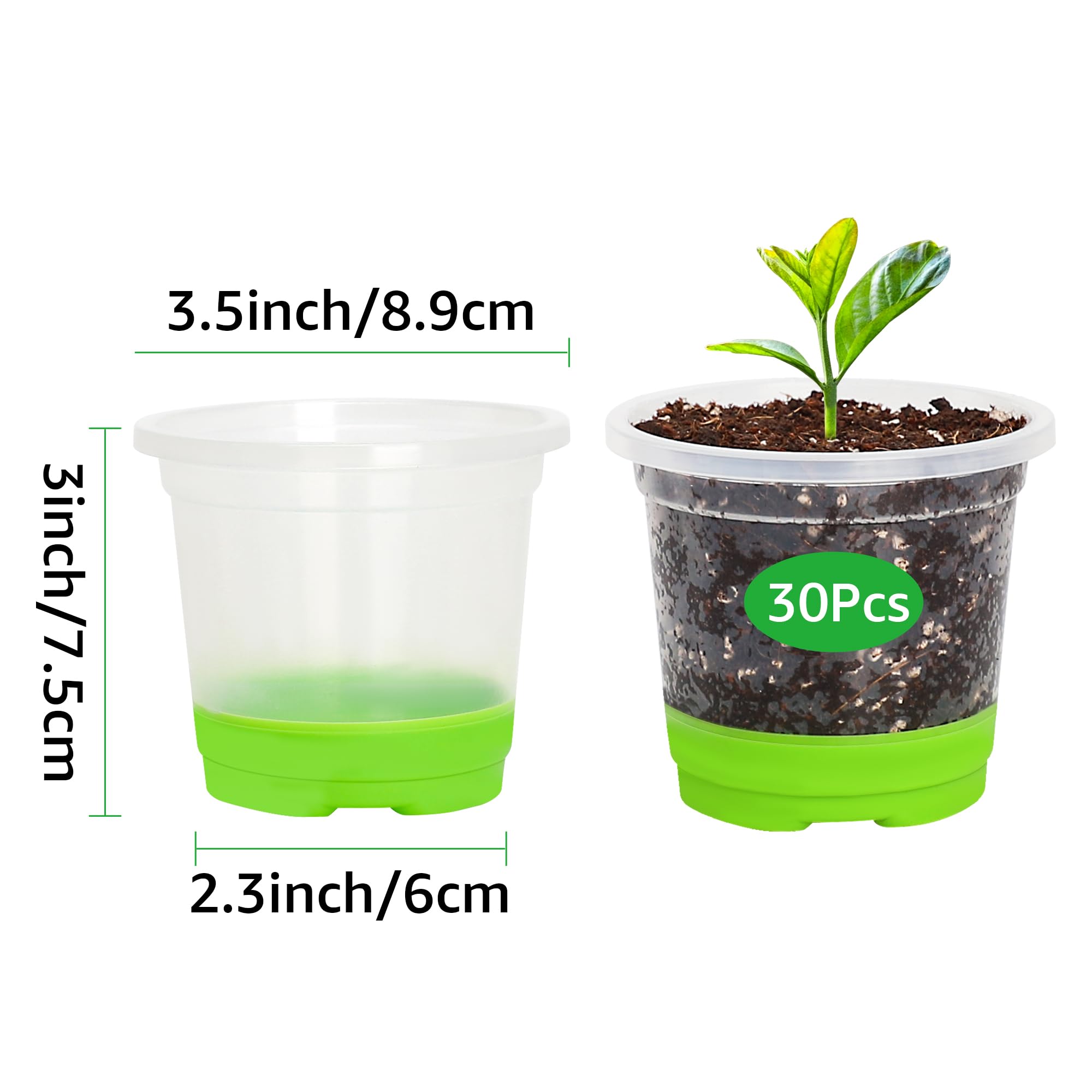 MIXC Clear Nursery Pots with Silicone Base, 4-Inch, 30-Pack | Sturdy Construction, Flexible Base, Drainage Holes, Root and Soil Visibility, Reusable, Seed Starting, Propagation, Green