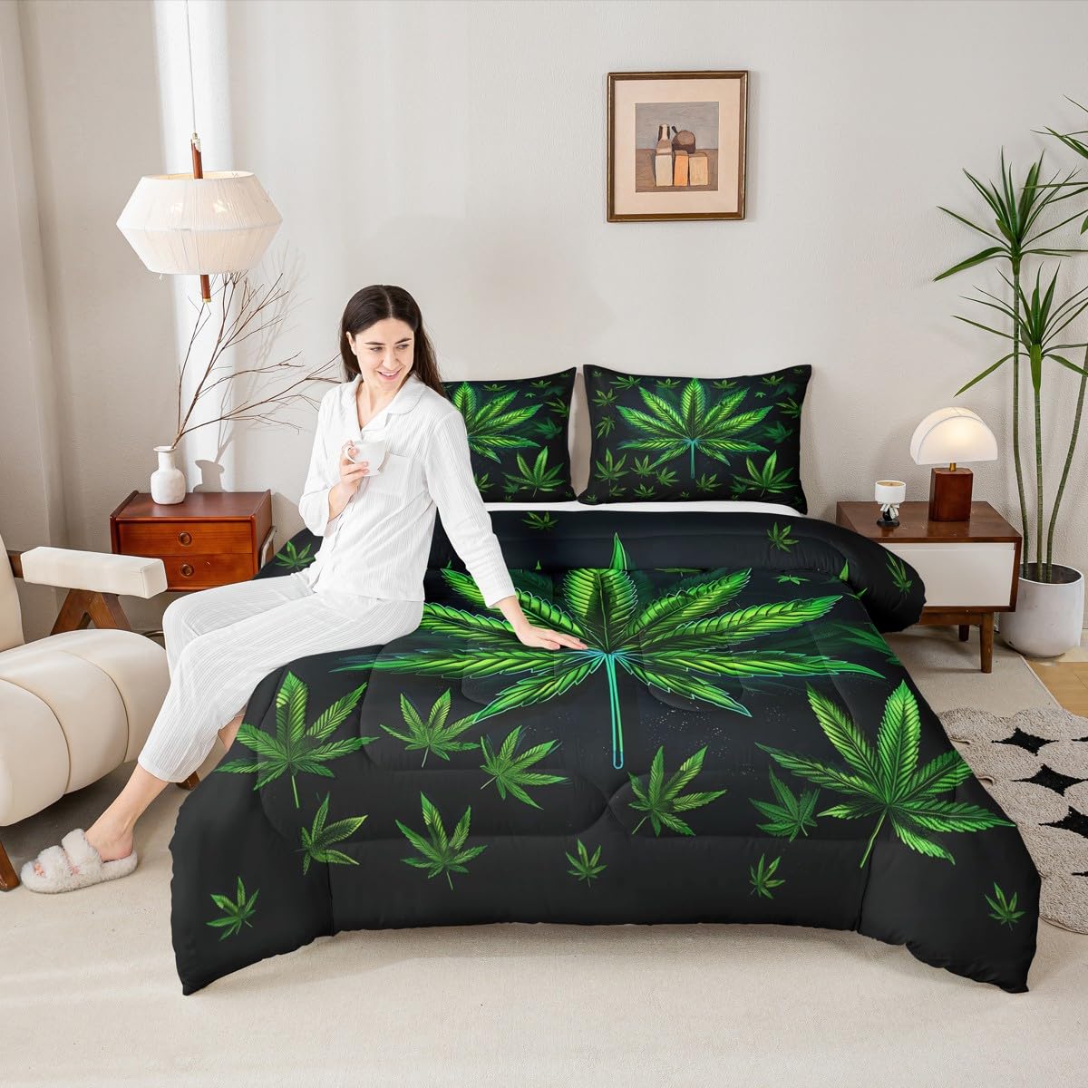 Cannabis Leaf Comforter Set Queen Size 3 Pcs,Marijuana Leaf Weed Psychedelic Bedding Set,Neon Green Leaves Botanical Trippy Quilt Set for Young Adults,2 Pillowcases