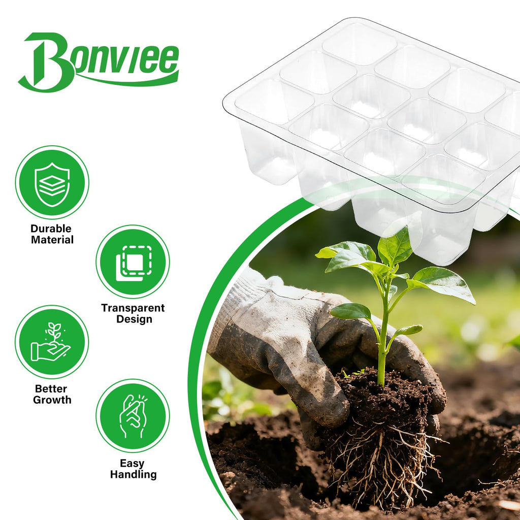 10-Pack Seed Starter Trays, Tall Dome, Base, 12-Cell Tray, Clear | 10 Seedling Kits with Tall Domes for Large Seed Starting. Adjustable Vents, Clear Trays & Heat Mat Compatibility, Indoor Use
