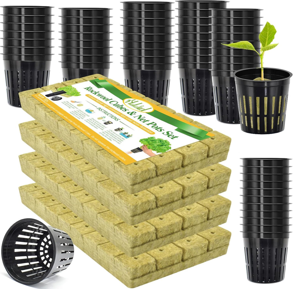 Halatool 144PCS 1.2" Rockwool Cubes & 120PCS 2" Net Cups for Hydroponics | Rockwool Garden Starter Plugs, Hydroponics Kit for Cuttings, Clone Plant, Propagation, Seed Starting & Soilless Cultivation