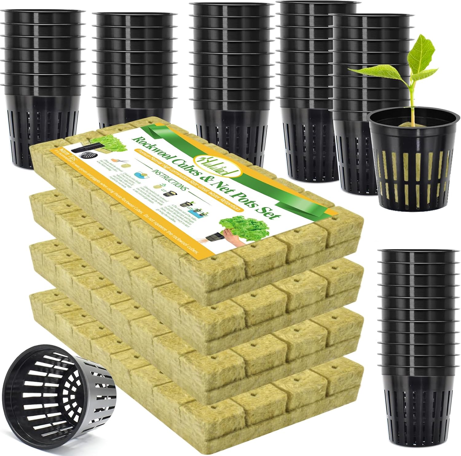 Halatool 144PCS 1.2" Rockwool Cubes & 120PCS 2" Net Cups for Hydroponics | Rockwool Garden Starter Plugs, Hydroponics Kit for Cuttings, Clone Plant, Propagation, Seed Starting & Soilless Cultivation