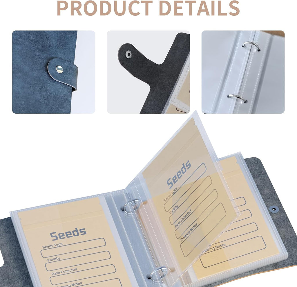 Seed Organizer Storage Binder with 50 PCS Resealable Seed Envelopes, Cyan | 50 Pockets, 3.5x5 Inch Clear Sleeves, Seed Saver for Garden Lover