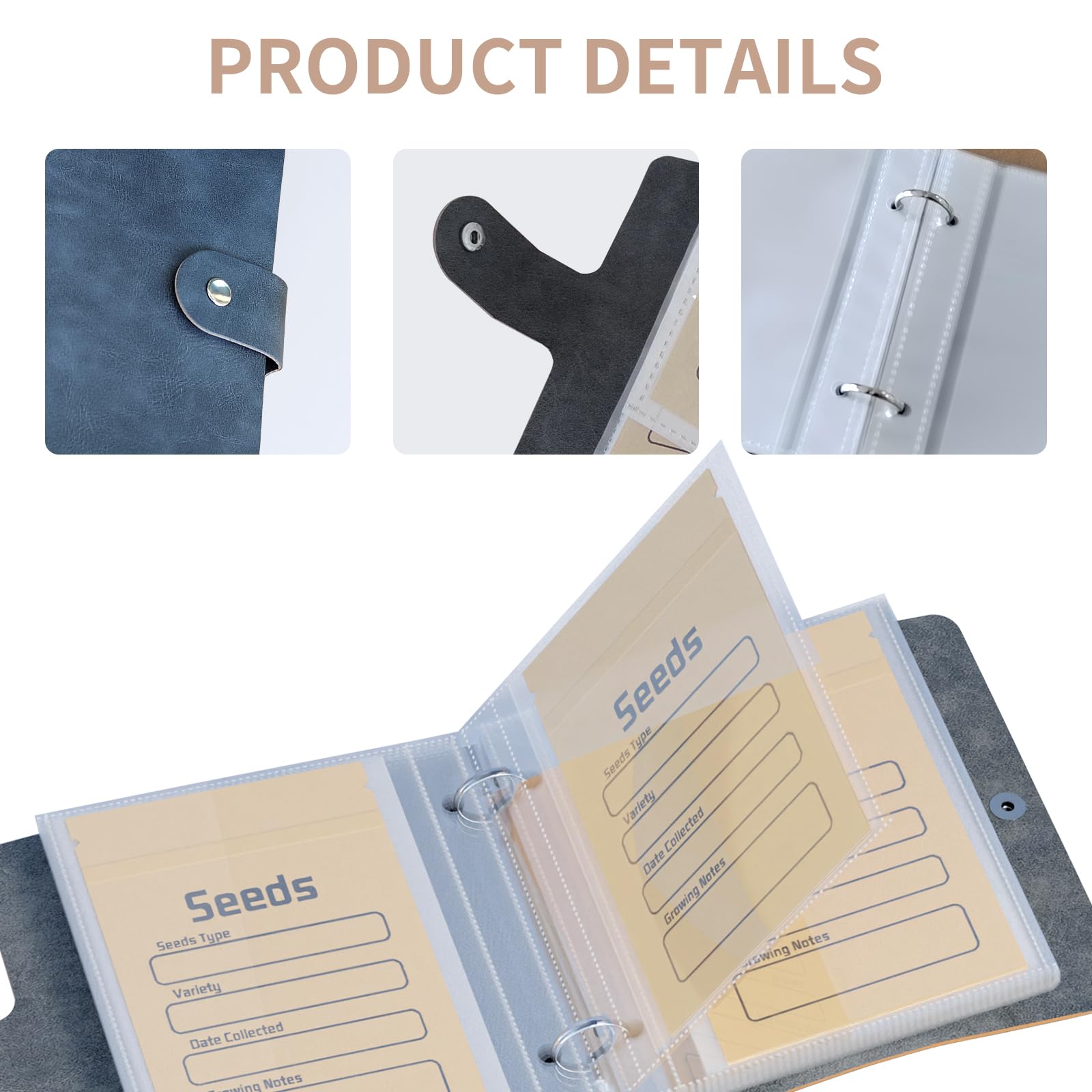 Seed Organizer Storage Binder with 50 PCS Resealable Seed Envelopes, Cyan | 50 Pockets, 3.5x5 Inch Clear Sleeves, Seed Saver for Garden Lover