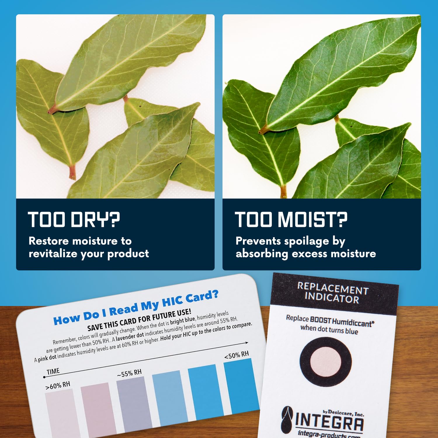 Integra Boost 62% RH 2-Way Humidity Control Pack, 2g, Pack of 6 | Two way Moisture Absorber for Herbs, Spices & Food Storage, Preserves Flavor, Includes Humidity Indicator Cards