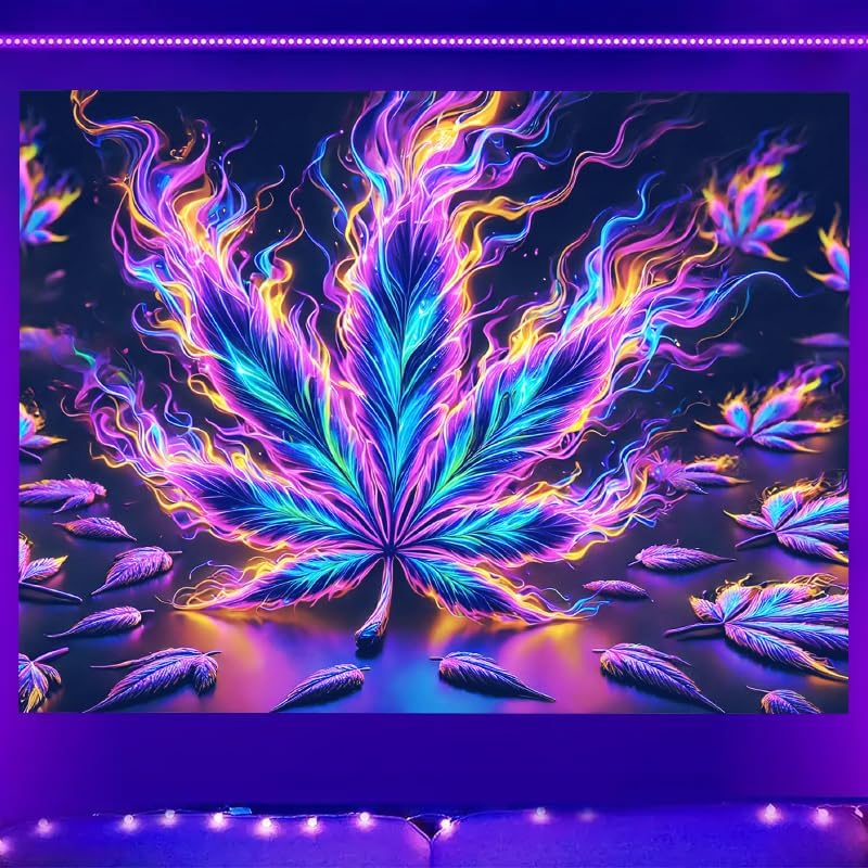 BlissYard Blacklight Tapestry Cannabis Leaf Bedroom Decor 78 x 59 Inch | Cannabis Leaf UV Wall Hanging Smoking Neon Backdrop for Bedroom Party Dorm Style