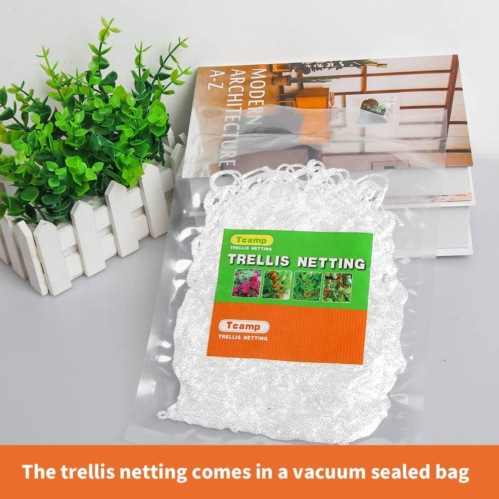 Tcamp Heavy-Duty Polyester Garden Trellis Netting, 5Ft x15Ft (1 Pack) | 3.5" Opening Mesh Plant Climbing Net for Growing Vines Plants Vegetables Fruits Flowers, White Grow Tent