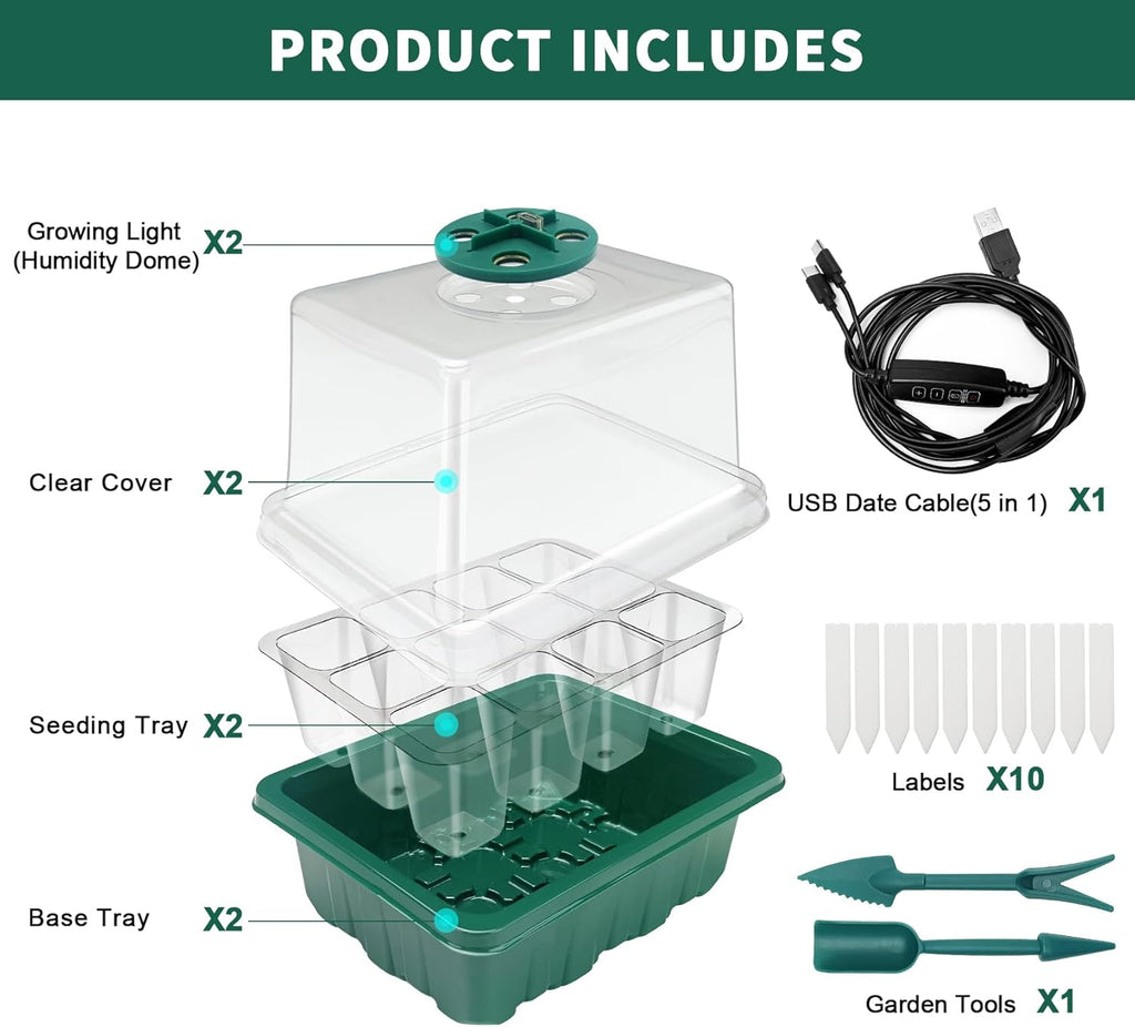Seed Starter Tray,Plant Propagation Station with Grow Light,2 Pcs | Seedling Starter Kit with Timing Controller,Mini Greenhouse with Humidity Domes and Base,Plant Tray for Seed Growing Starting