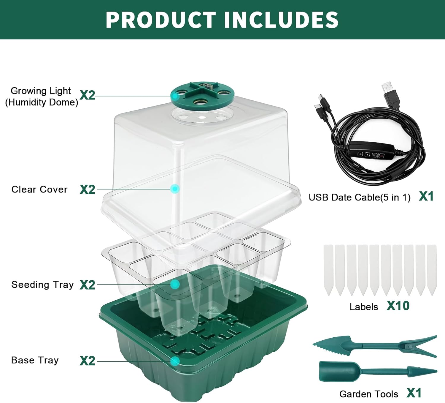 Seed Starter Tray,Plant Propagation Station with Grow Light,2 Pcs | Seedling Starter Kit with Timing Controller,Mini Greenhouse with Humidity Domes and Base,Plant Tray for Seed Growing Starting