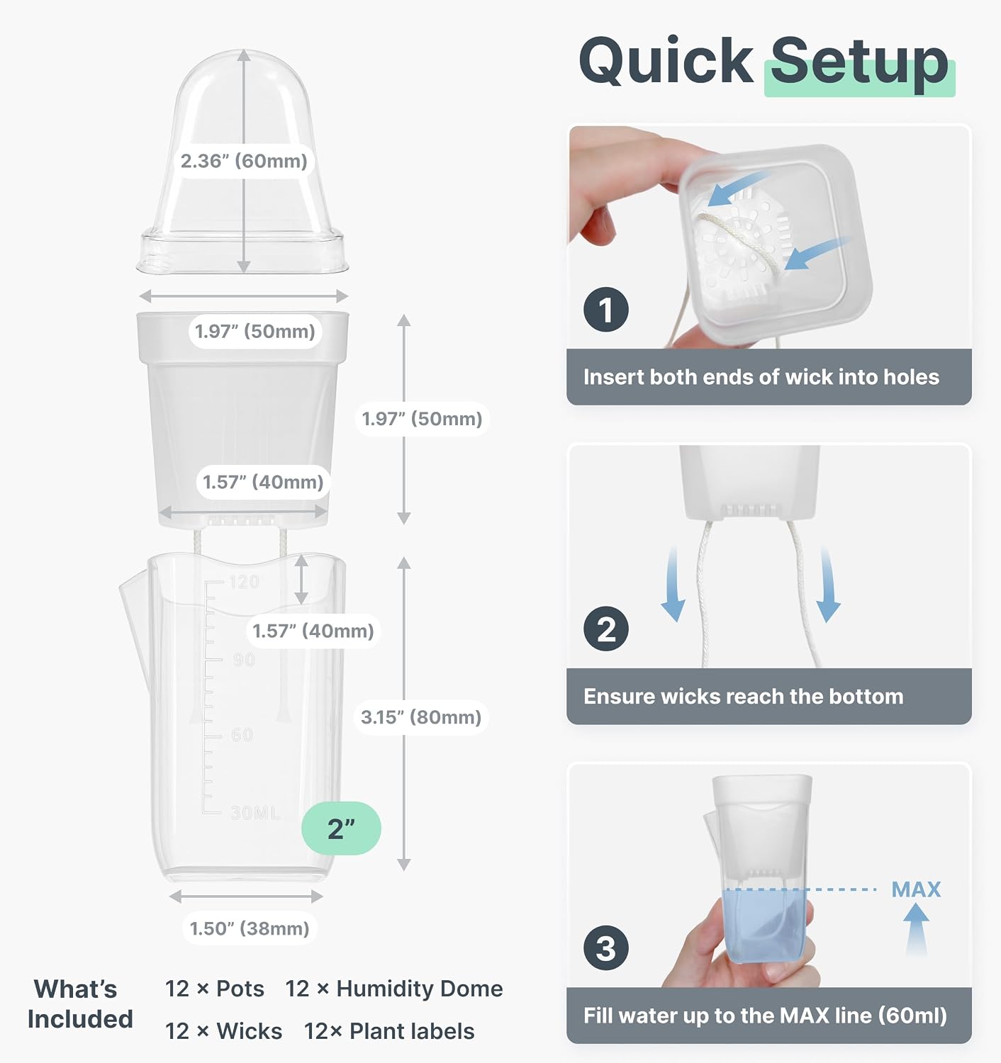Paquete de 12 macetas pequeñas de autorriego transparente de 2 pulgadas con cúpula de humedad para plantas de interior, tazas de inicio de semillas, kit de aclimatación de cultivo de