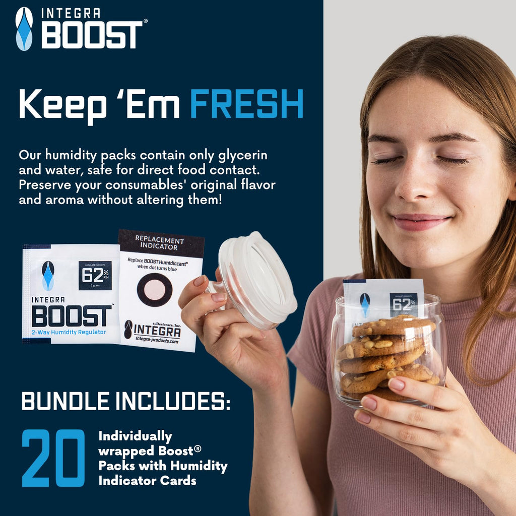 Integra Boost 62% RH 2-Way Humidity Control Pack, 2g, Pack of 6 | Two way Moisture Absorber for Herbs, Spices & Food Storage, Preserves Flavor, Includes Humidity Indicator Cards