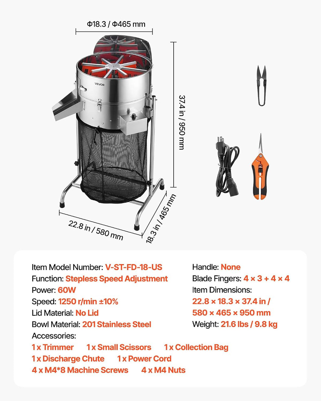 VEVOR Electric Bud Leaf Trimmer, 18 in Tiltable Bud Trimmer with Sharp Stainless Steel Blades, Adjustable Speed, Hydroponic Cutting Machine with Collection Bag Hand Pruner & Scissors, for Leaves Buds