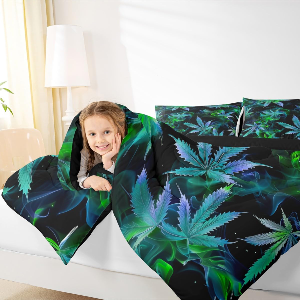Cannabis Leaf Comforter Set Queen Size 3 Pcs,Marijuana Leaf Weed Psychedelic Bedding Set,Neon Green Leaves Botanical Trippy Quilt Set for Young Adults,2 Pillowcases