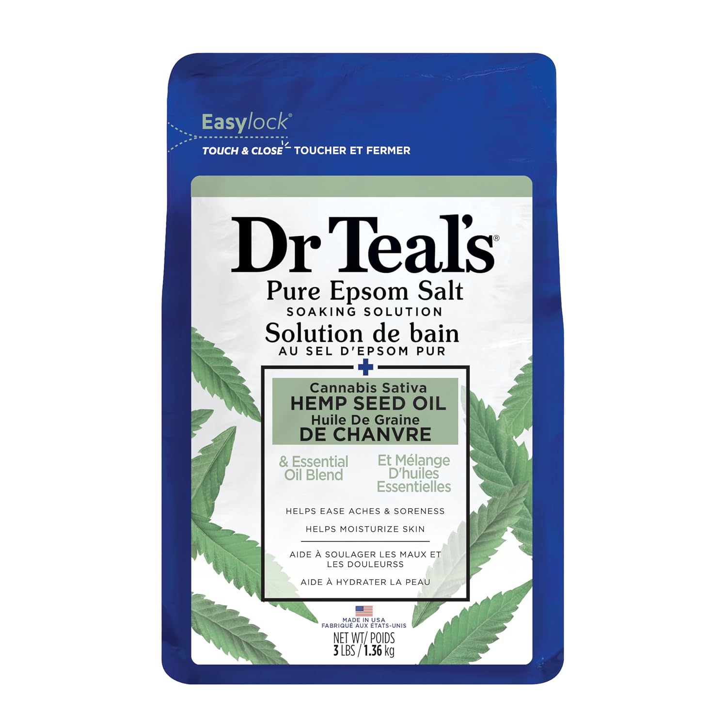 Dr Teal's Pure Epsom Magnesium Salt Soak, Cannabis Sativa Hemp Seed Oil, 3 lb