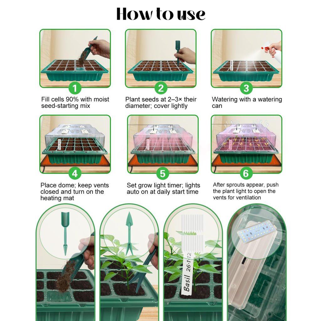 Seed Starter Tray with Grow Light (2x 24-LED), 2 Pack for Seed Starting | Seed Starter Kit with Humidity Domes and Timing Controller, Adjustable Brightness, Reusable Thicken Seedling Starter