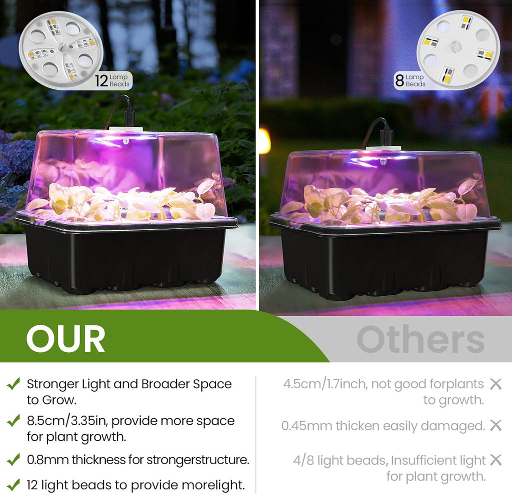 Kit de inicio de semillas MIXC con luz de crecimiento, kit de bandeja para plántulas elevadas con cúpula de humedad ajustable y bandeja de celdas transparentes, 12 perlas LED de espectro completo para