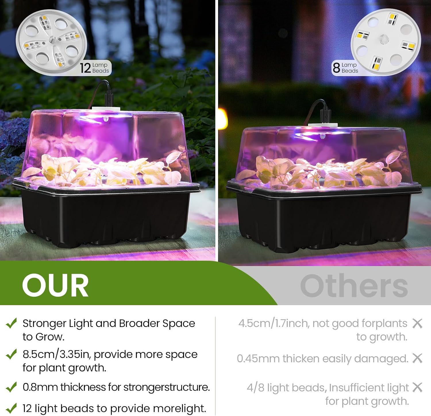 Kit de inicio de semillas MIXC con luz de crecimiento, kit de bandeja para plántulas elevadas con cúpula de humedad ajustable y bandeja de celdas transparentes, 12 perlas LED de espectro completo para