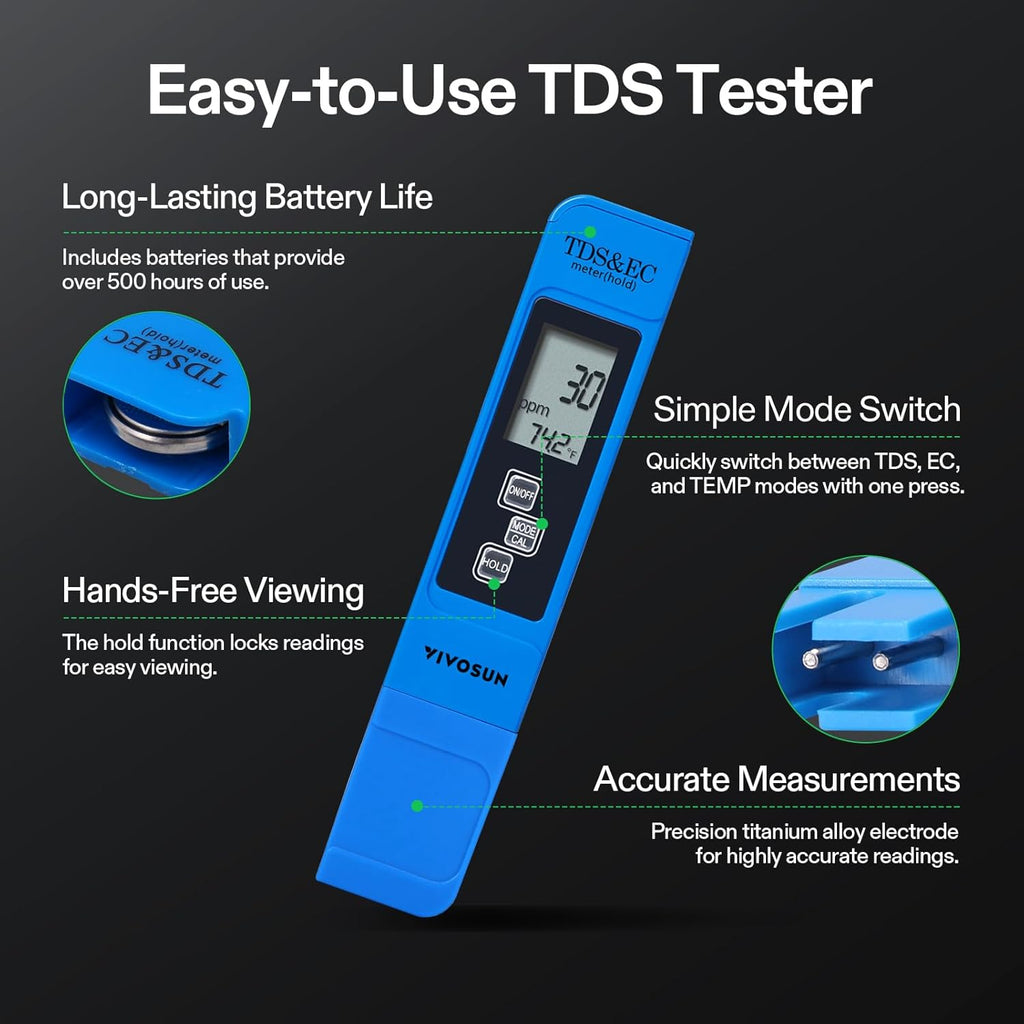 VIVOSUN Digital pH Meter TDS EC Meter for Water 0.01 Accuracy Hydroponics | ±0.01 pH Accuracy, ATC, Auto Calibration, LCD Display, Hold Function, for Hydroponics Aquarium Pool Drinking, UL Certified